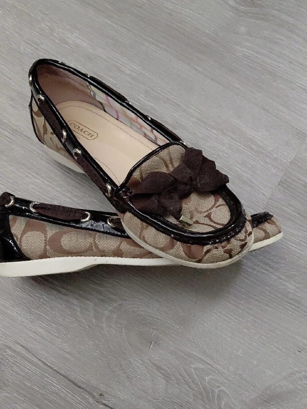 Coach Brown Signature Canvas Bow-Trim Loafers